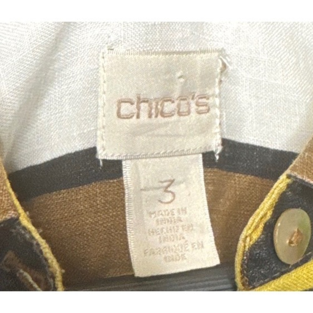 Chico’s Size 3 Striped Button Front Tunic Blouse Mustard Navy White Career Boho - Picture 4 of 4